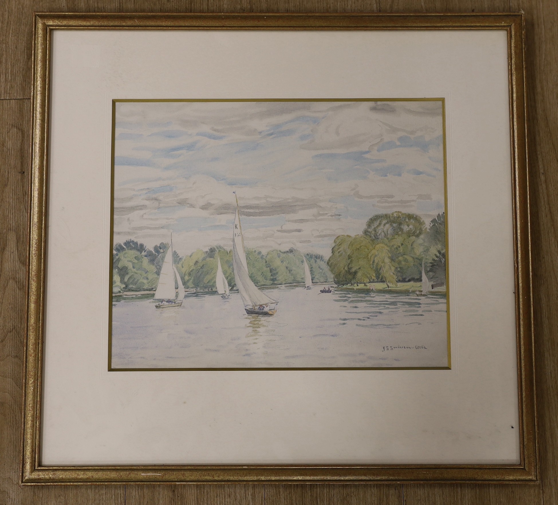 John Sanderson Sanderson-Wells RI (1872-1955), watercolour, 'Sailing, Kingston Reach', signed, 35 x 44cm